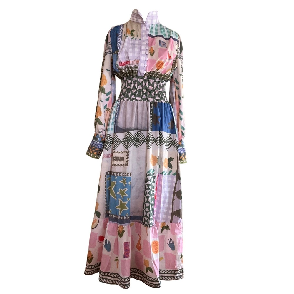 Women's Multi-Color Patchwork Maxi Dress - Long Sleeve - Picture 2 of 16